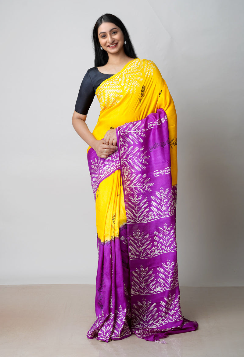 Yellow-Purple Pure Handloom Block Printed Mysore Silk Saree-UNM72802