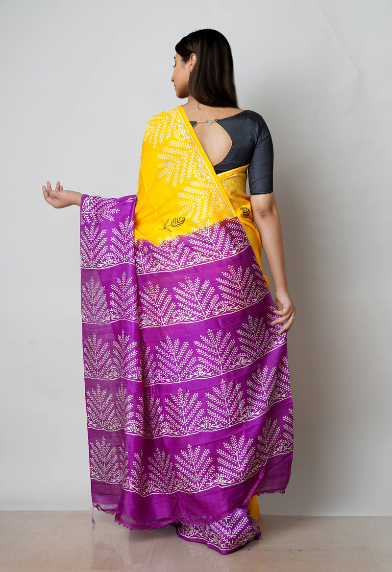 Yellow-Purple Pure Handloom Block Printed Mysore Silk Saree-UNM72802