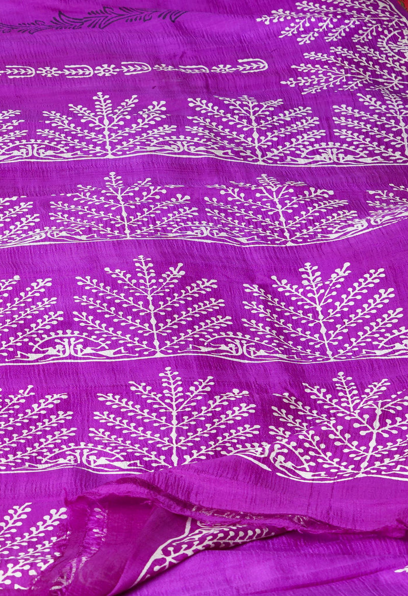 Yellow-Purple Pure Handloom Block Printed Mysore Silk Saree-UNM72802