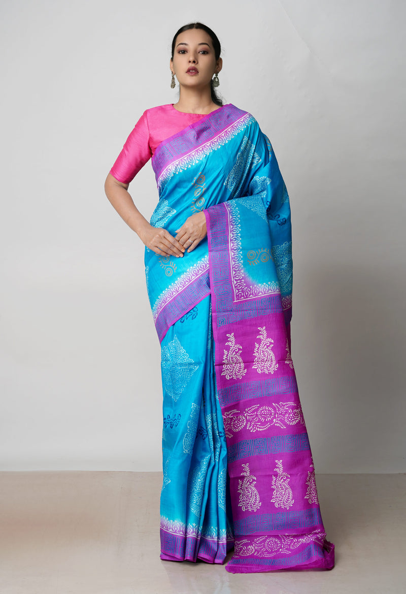 Blue-Pink Pure Handloom Block Printed Mysore Silk Saree-UNM72803