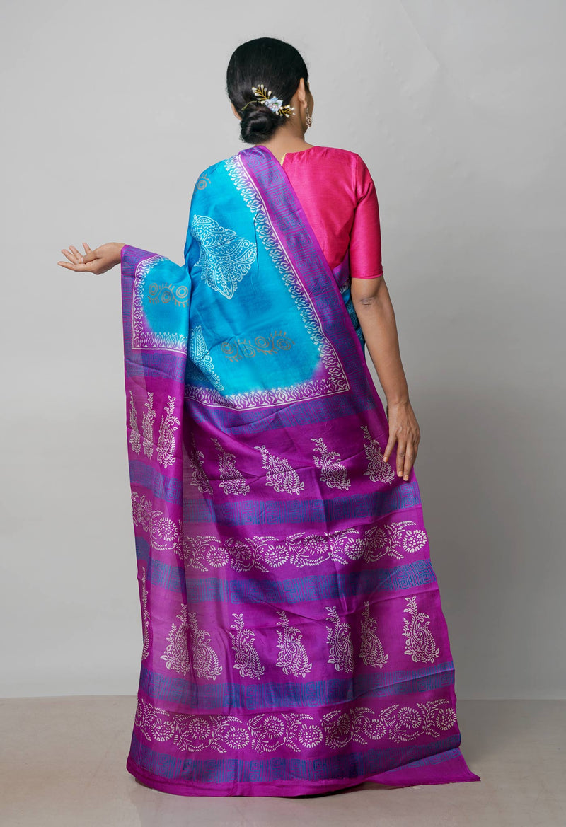 Blue-Pink Pure Handloom Block Printed Mysore Silk Saree-UNM72803