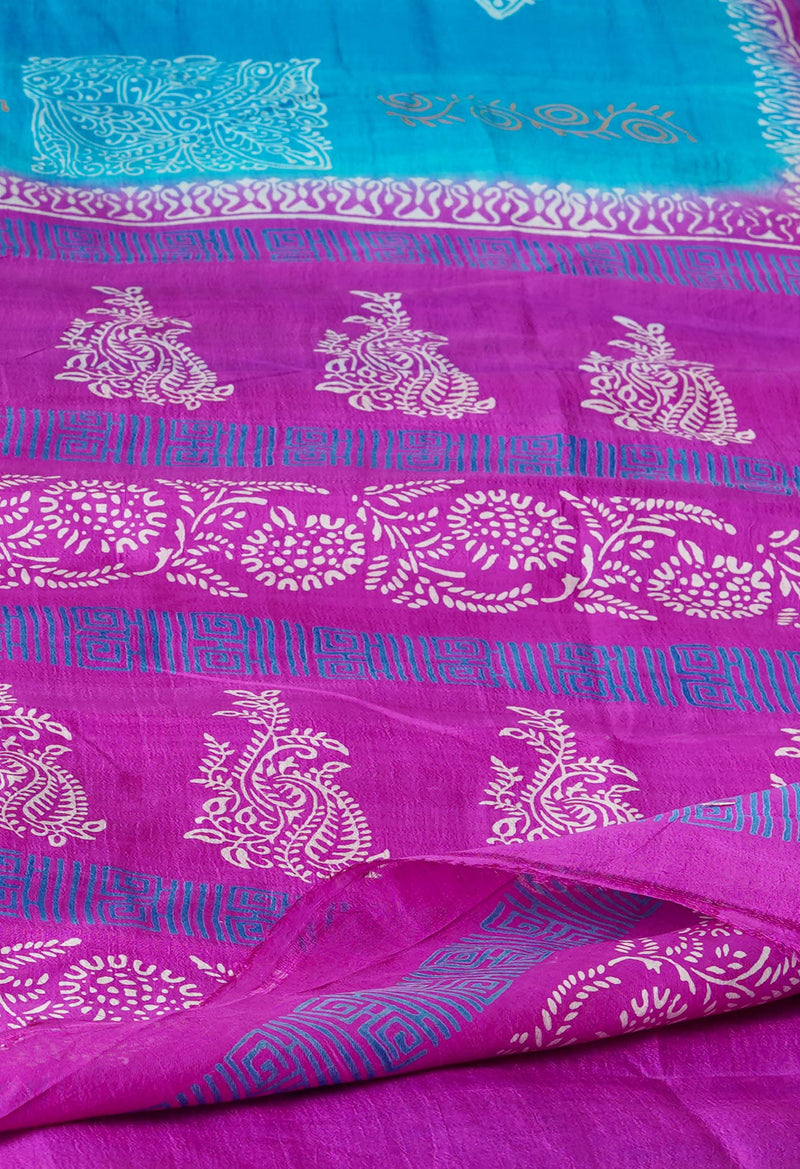 Blue-Pink Pure Handloom Block Printed Mysore Silk Saree-UNM72803