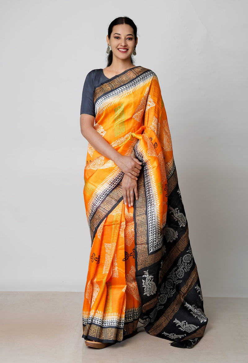 Orange-Black Pure Handloom Block Printed Mysore Silk Saree Without Blouse-UNM72804