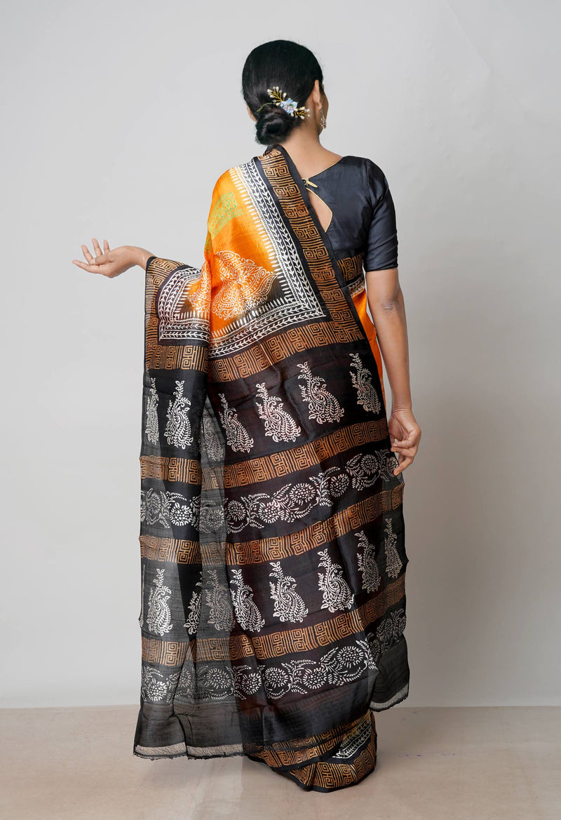 Orange-Black Pure Handloom Block Printed Mysore Silk Saree Without Blouse-UNM72804