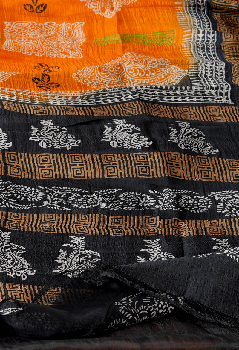 Orange-Black Pure Handloom Block Printed Mysore Silk Saree Without Blouse-UNM72804