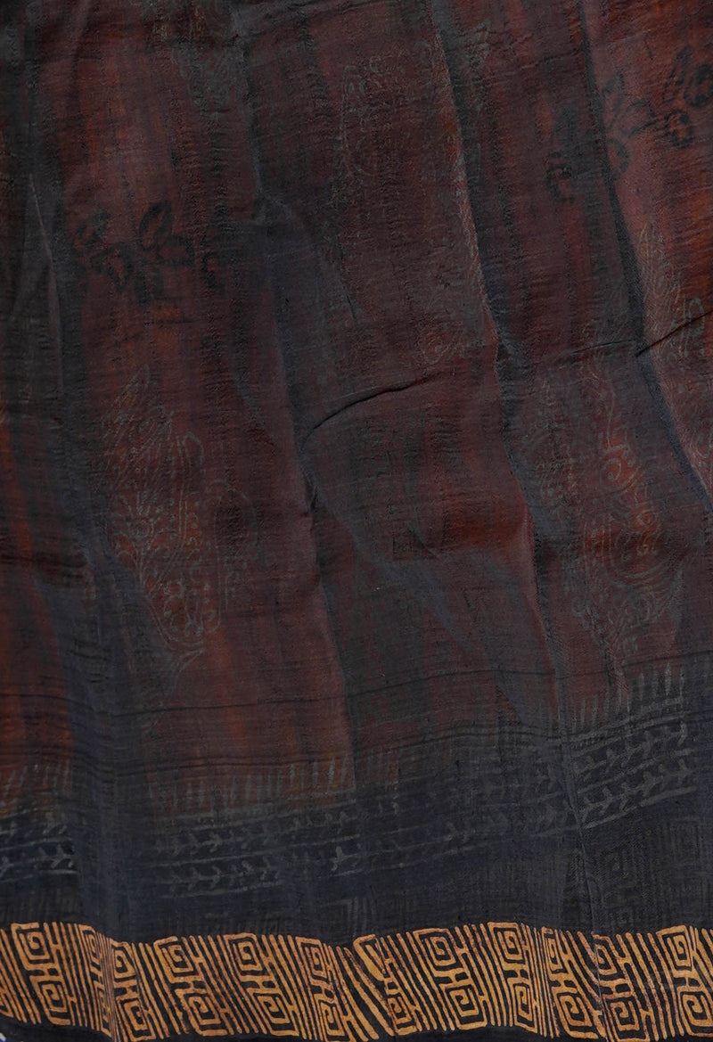 Orange-Black Pure Handloom Block Printed Mysore Silk Saree Without Blouse-UNM72804