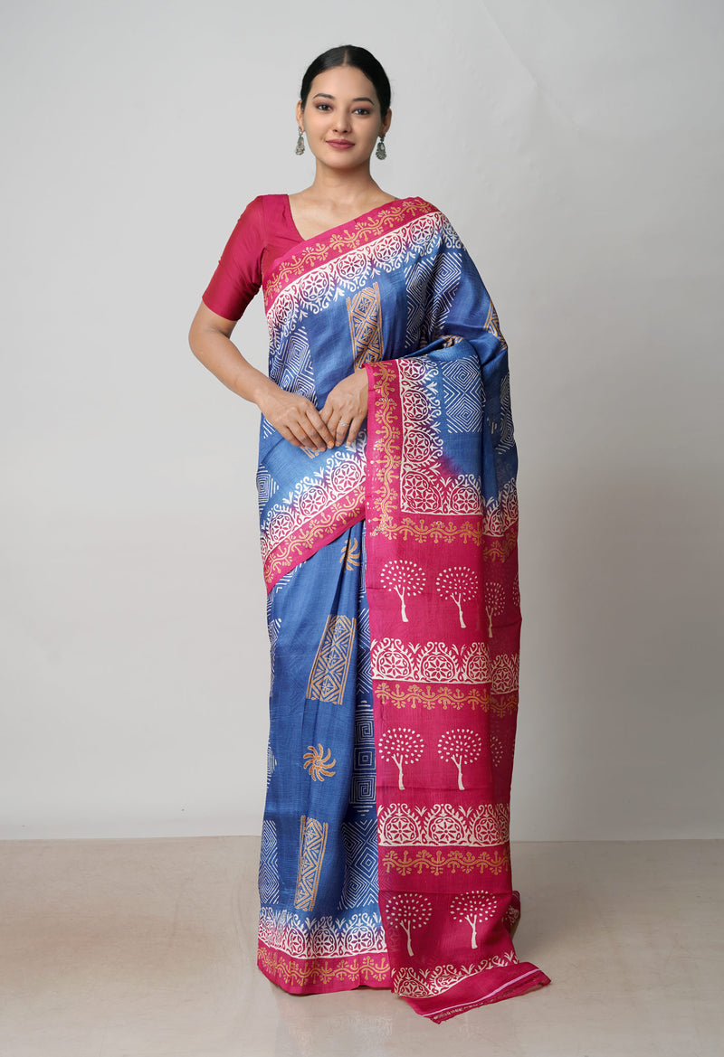 Bluish Grey-Maroon Pure Handloom Block Printed Mysore Silk Saree-UNM72805