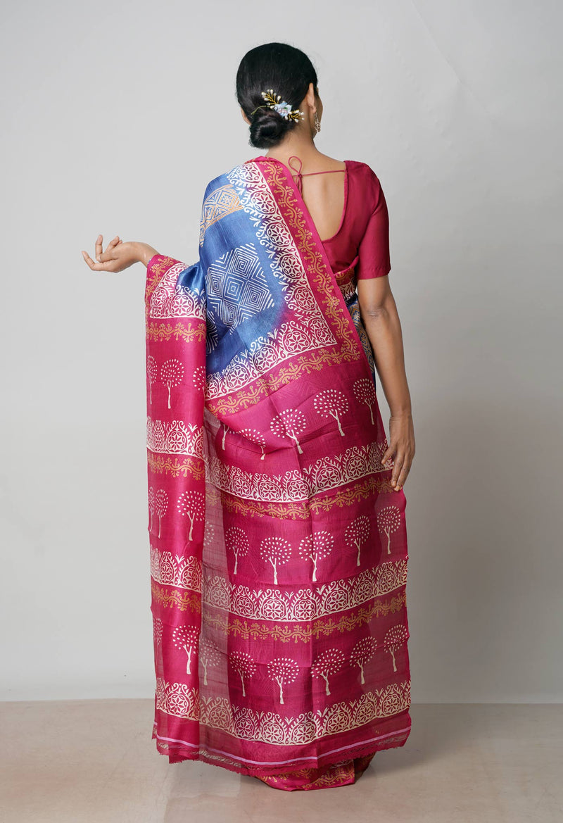 Bluish Grey-Maroon Pure Handloom Block Printed Mysore Silk Saree-UNM72805