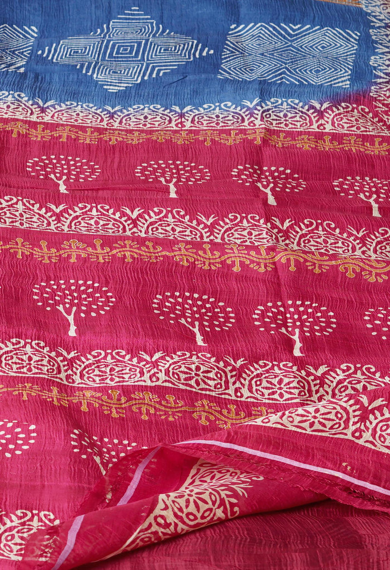 Bluish Grey-Maroon Pure Handloom Block Printed Mysore Silk Saree-UNM72805