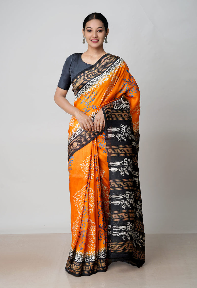 Orange-Black Pure Handloom Block Printed Mysore Silk Saree-UNM72806