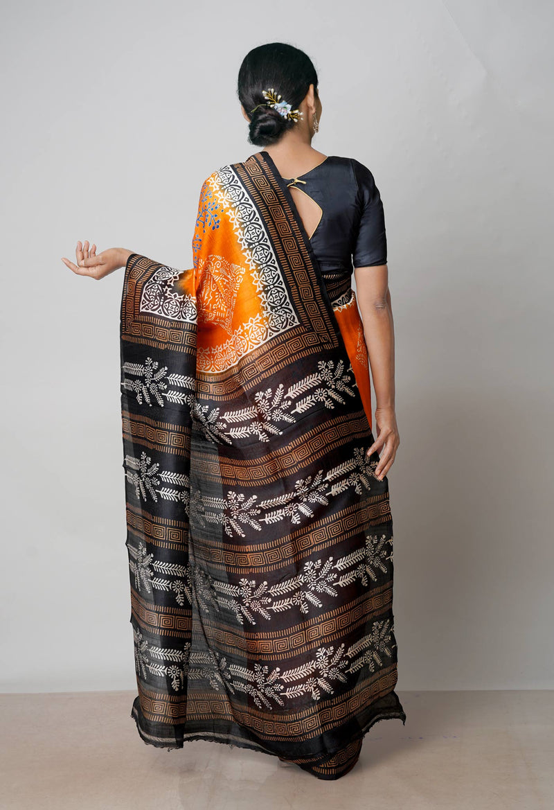 Orange-Black Pure Handloom Block Printed Mysore Silk Saree-UNM72806