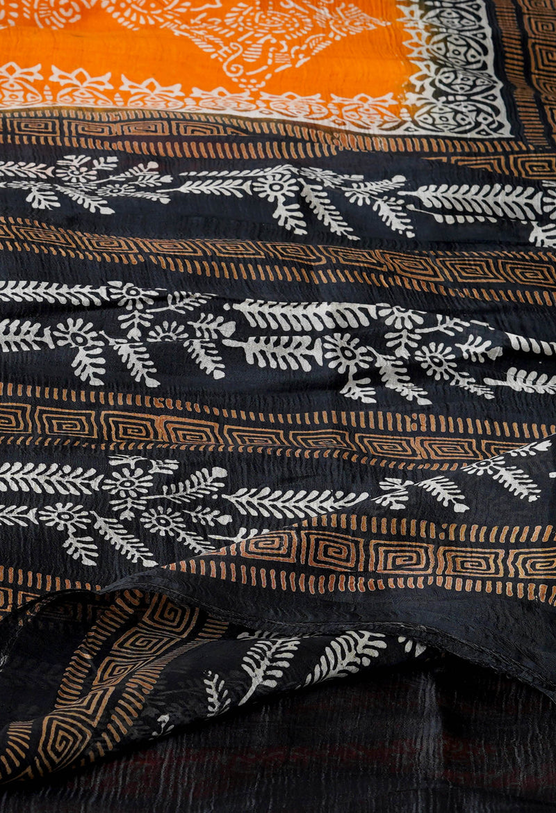 Orange-Black Pure Handloom Block Printed Mysore Silk Saree-UNM72806