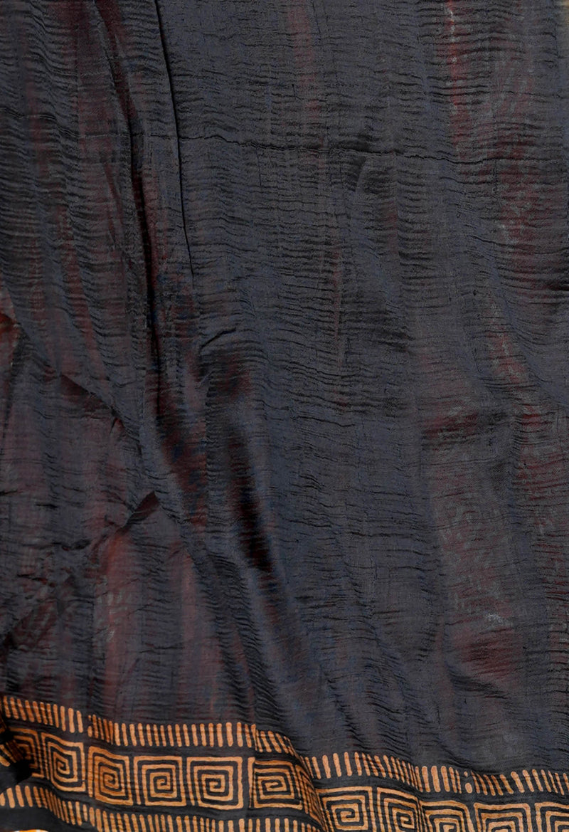 Orange-Black Pure Handloom Block Printed Mysore Silk Saree-UNM72806