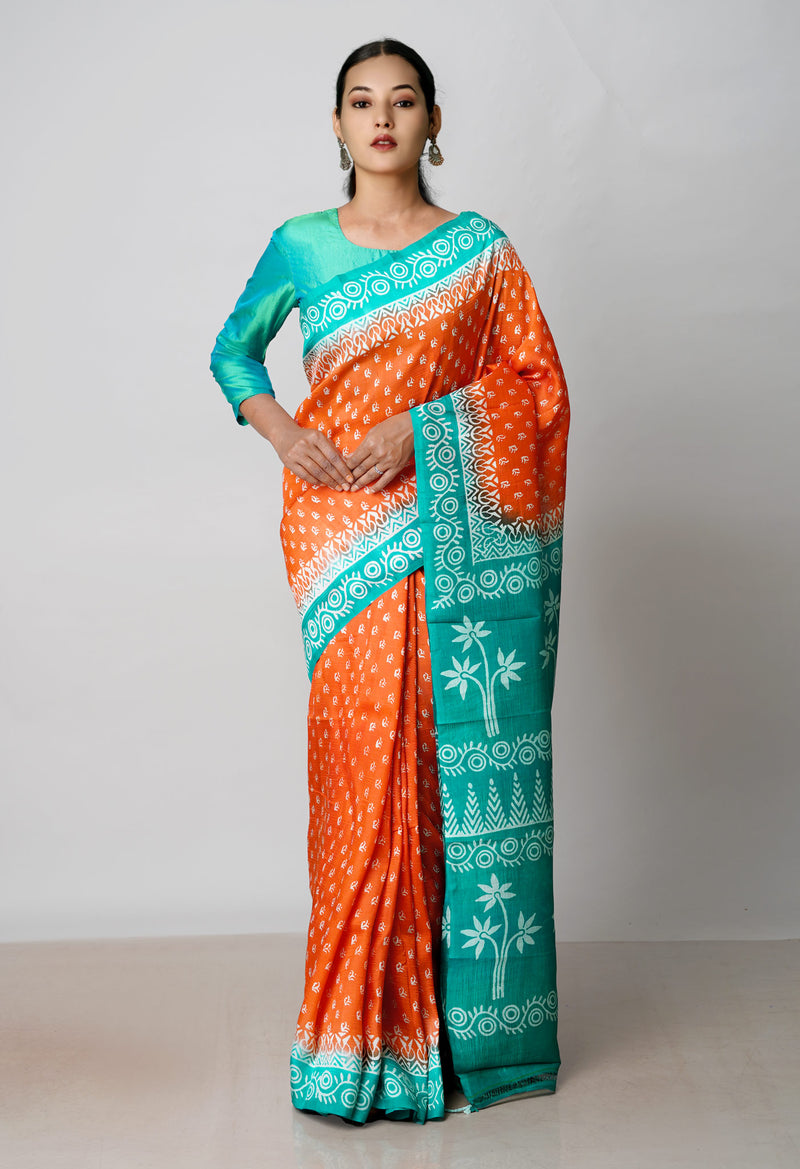 Orange-Green Pure Handloom Block Printed Mysore Silk Saree-UNM72809