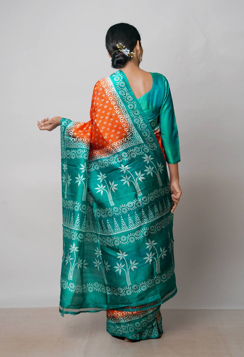 Orange-Green Pure Handloom Block Printed Mysore Silk Saree-UNM72809