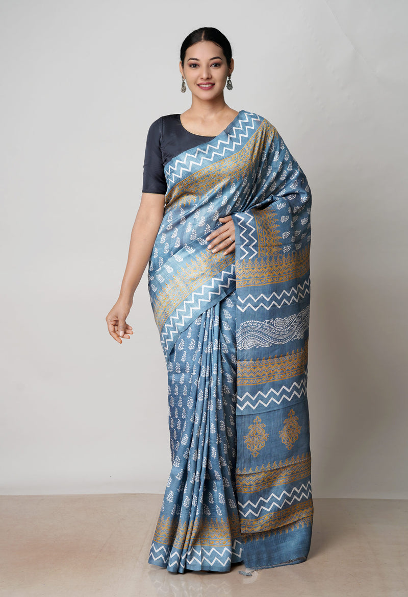 Grey Pure Handloom Block Printed Mysore Silk Saree Without Blouse-UNM72810