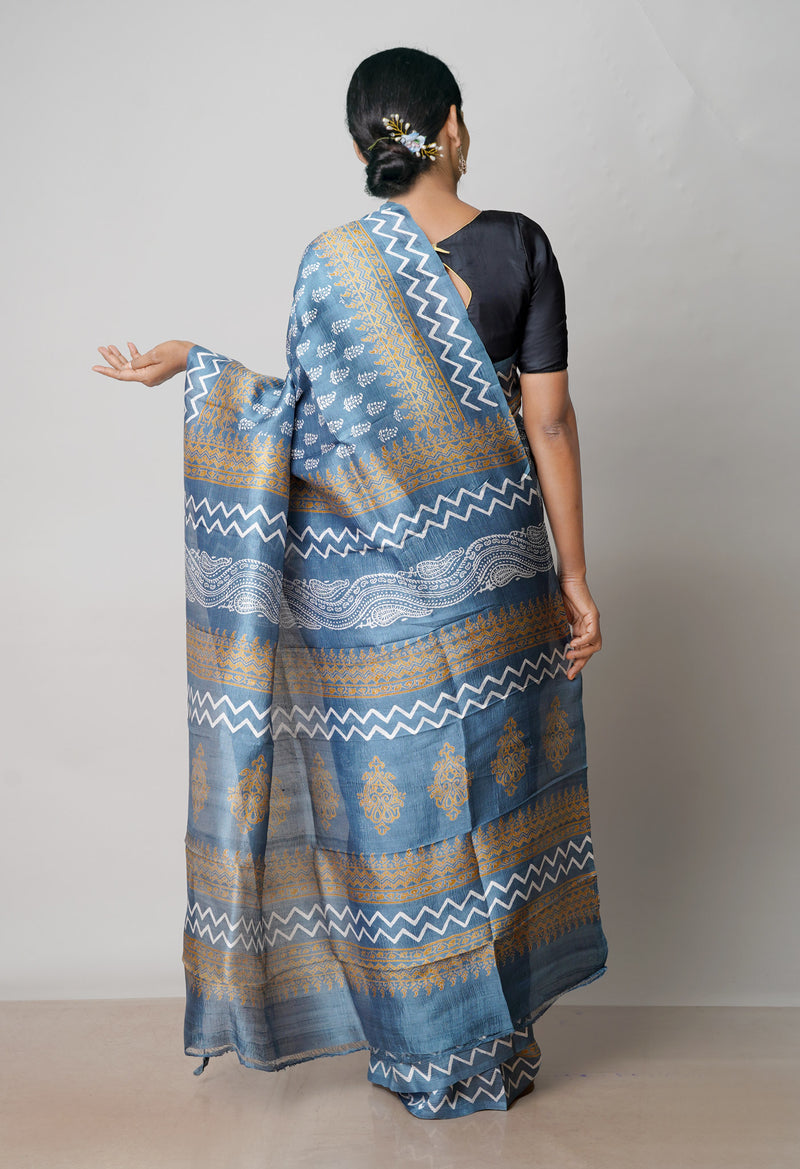 Grey Pure Handloom Block Printed Mysore Silk Saree Without Blouse-UNM72810