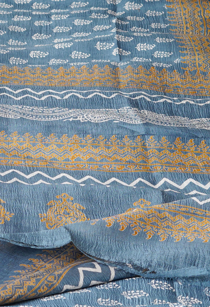 Grey Pure Handloom Block Printed Mysore Silk Saree Without Blouse-UNM72810