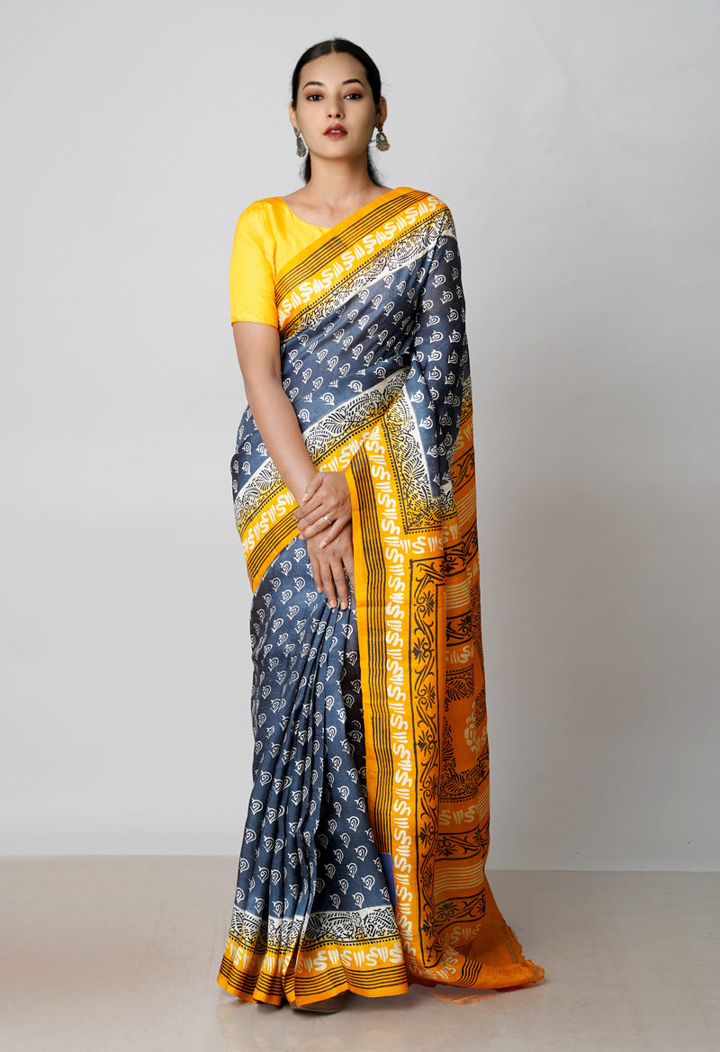 Black-Mustard Yellow Pure Handloom Block Printed Mysore Silk Saree-UNM72813