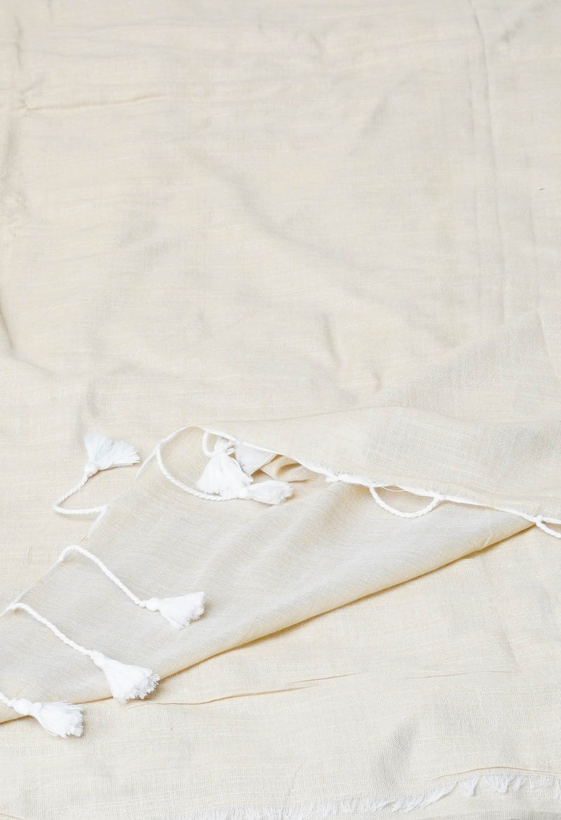 Beige Pure Plain Cotton Linen Saree With Tassels-UNM72829