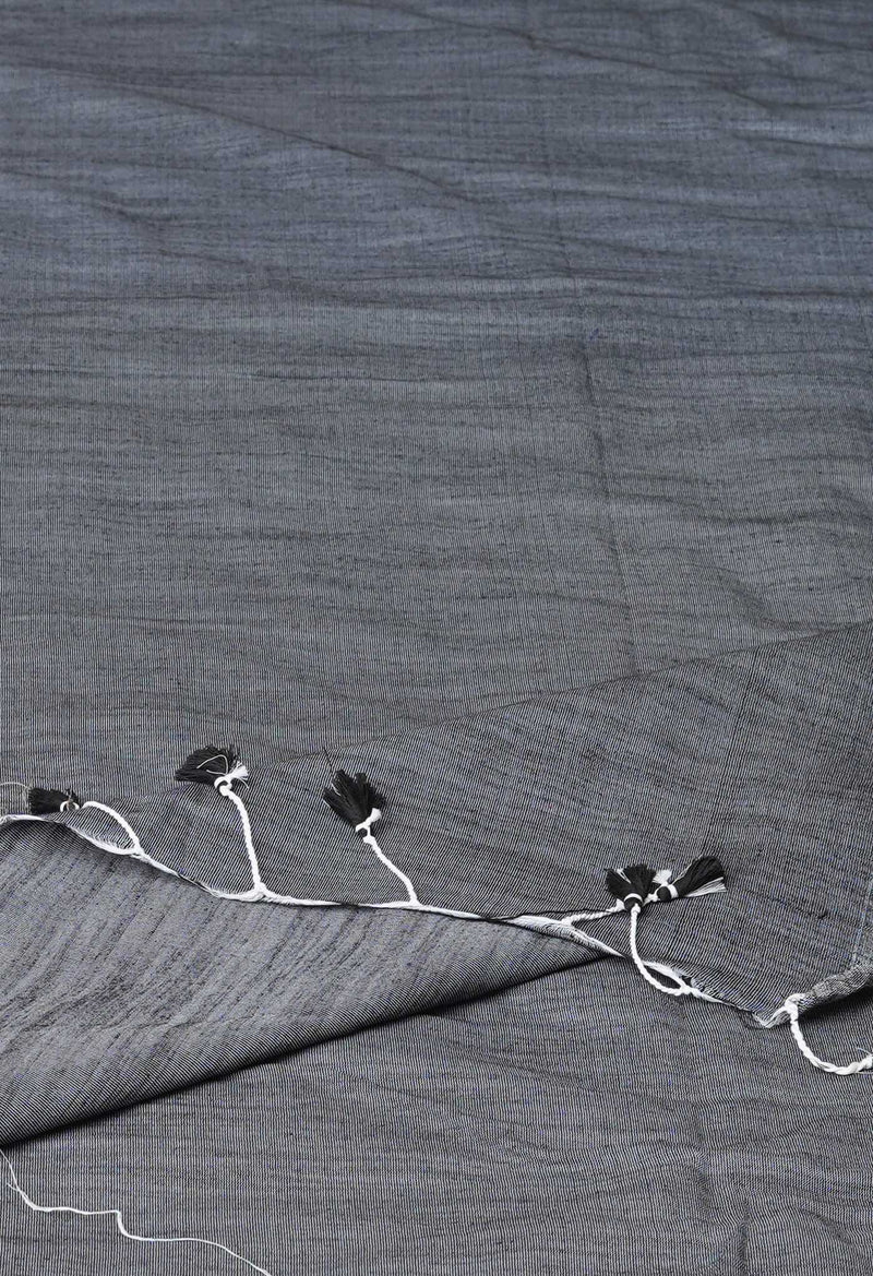 Pewter Grey Pure Plain Cotton Linen Saree With Tassels-UNM72832