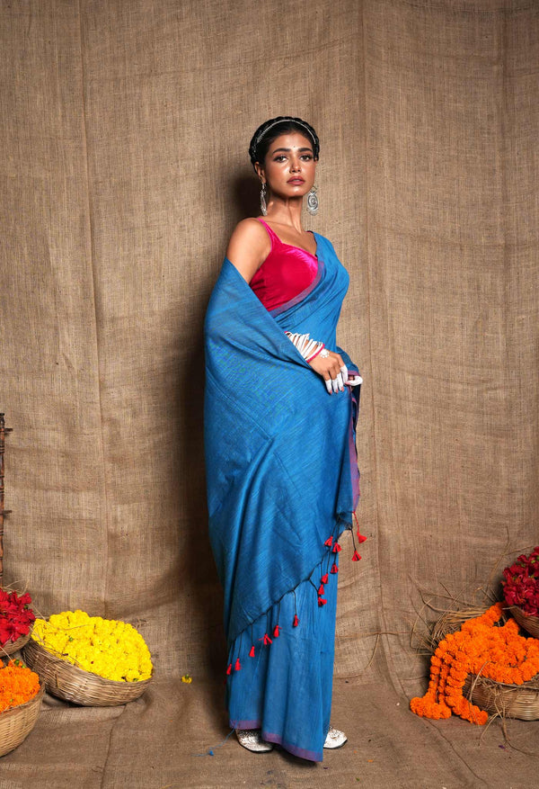 Peacocok Blue Pure Plain Cotton Linen Saree With Tassels-UNM72833
