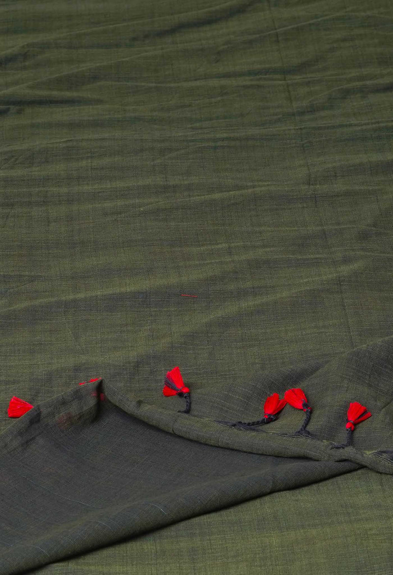 Olive Green Pure Plain Cotton Linen Saree With Tassels-UNM72835