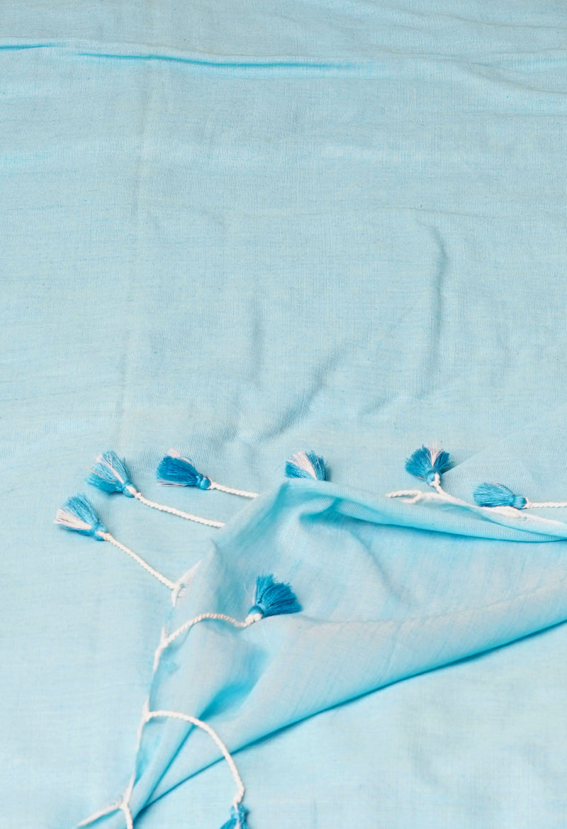 Sky Blue Pure Plain Cotton Linen Saree With Tassels-UNM72837