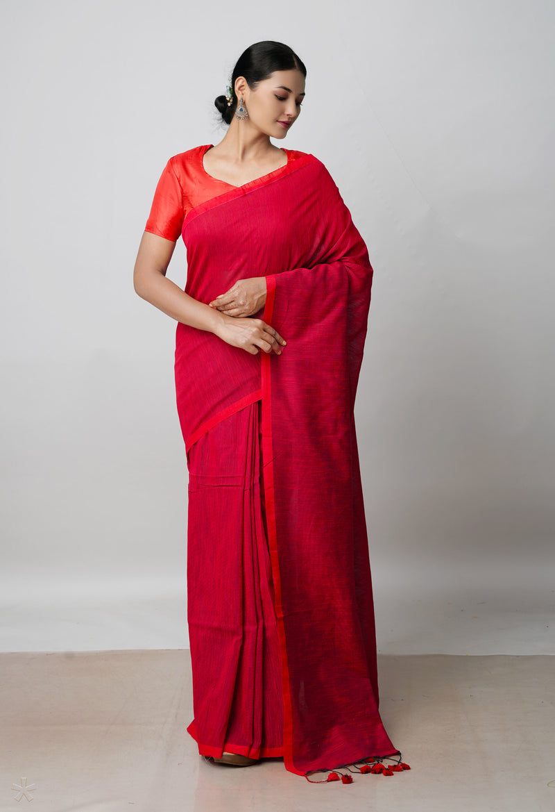 Ruby Red Pure Plain Cotton Linen Saree With Tassels-UNM72843