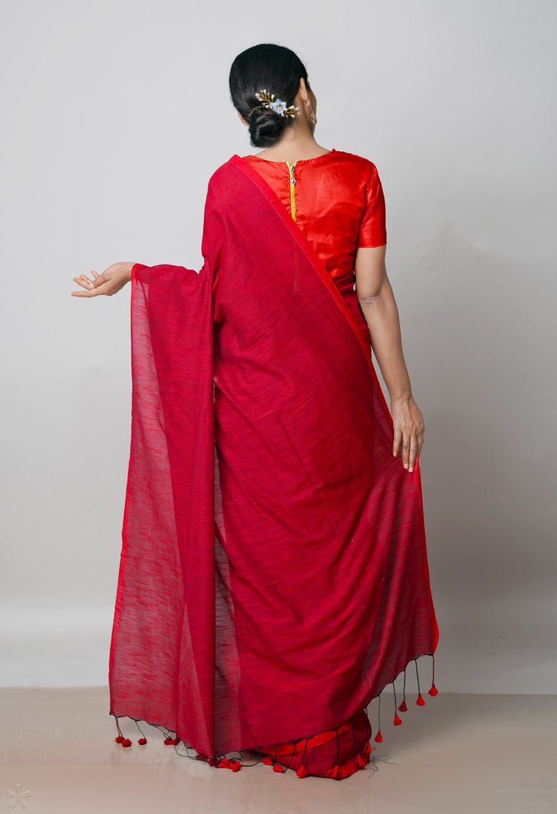 Ruby Red Pure Plain Cotton Linen Saree With Tassels-UNM72843