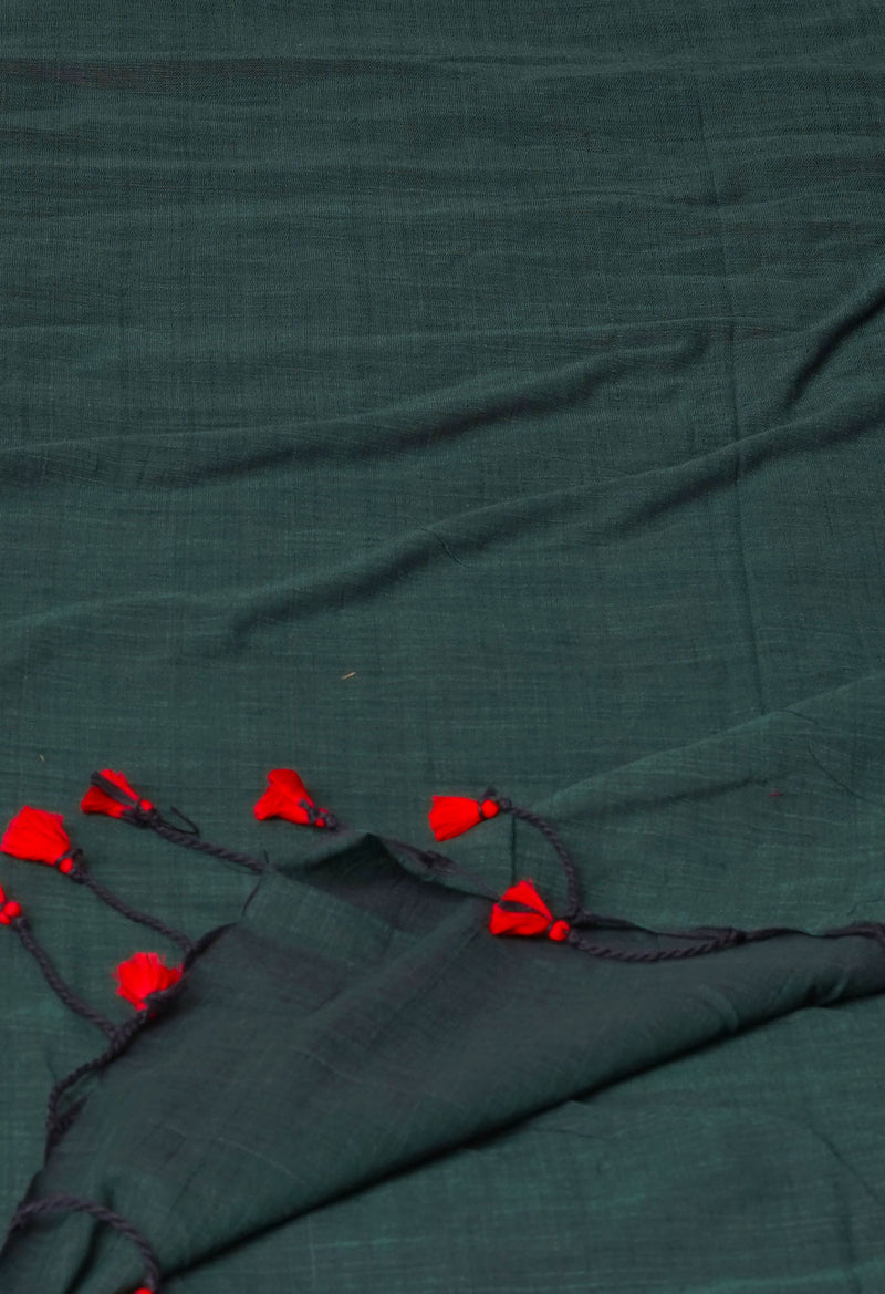 Dark Green Pure Plain Cotton Linen Saree With Tassels-UNM72849