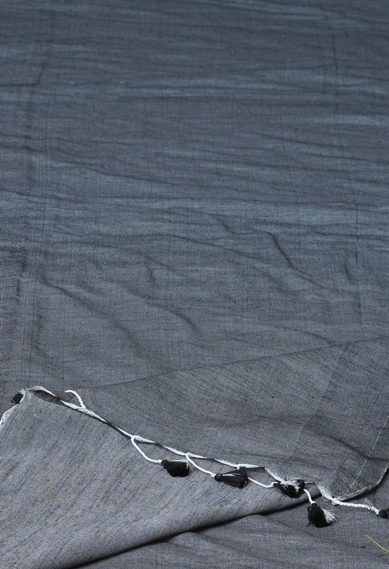 Grey Pure Plain Cotton Linen Saree With Tassels-UNM72850