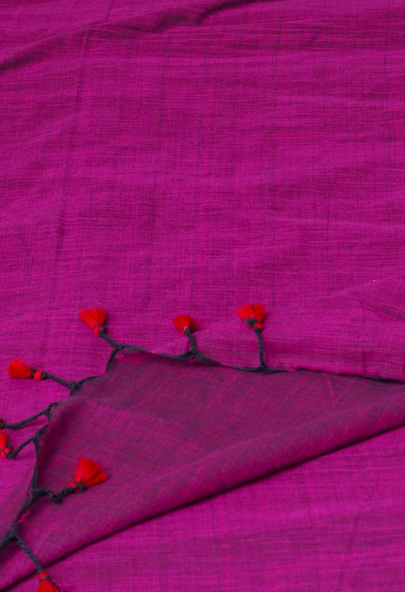 Purple Pure Plain Cotton Linen Saree With Tassels-UNM72851