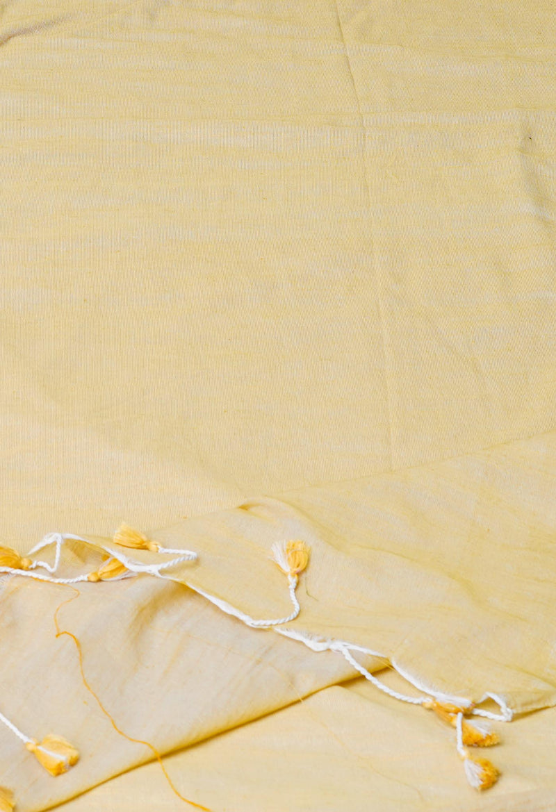 Cream Pure Plain Cotton Linen Saree With Tassels-UNM72852