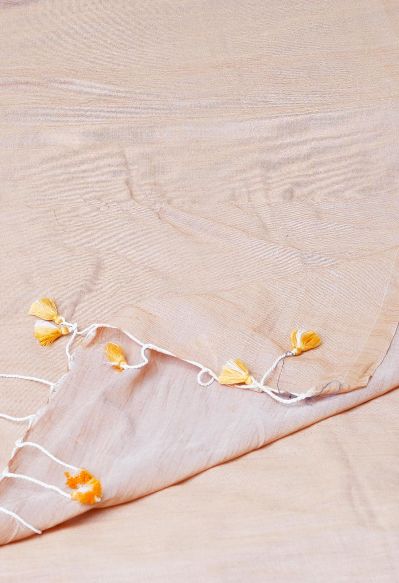 Beige Pure Plain Cotton Linen Saree With Tassels-UNM72853