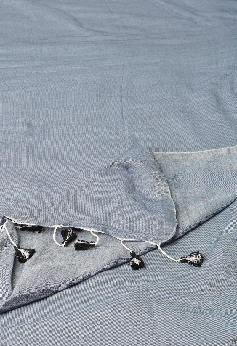Grey Pure Plain Cotton Linen Saree With Tassels-UNM72854