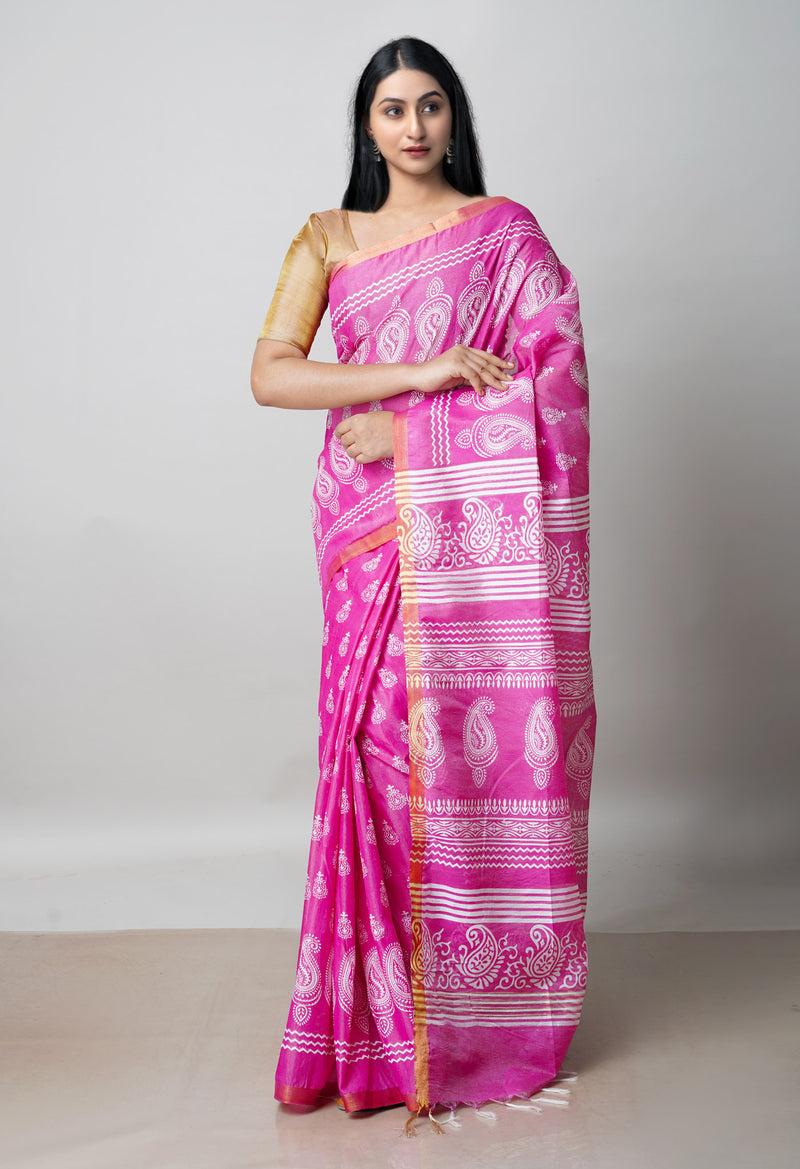 Pink  Block Printed Chanderi Cotton Silk Saree-UNM72894