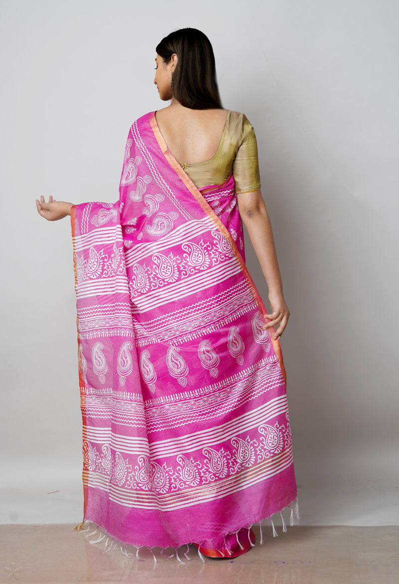 Pink  Block Printed Chanderi Cotton Silk Saree-UNM72894