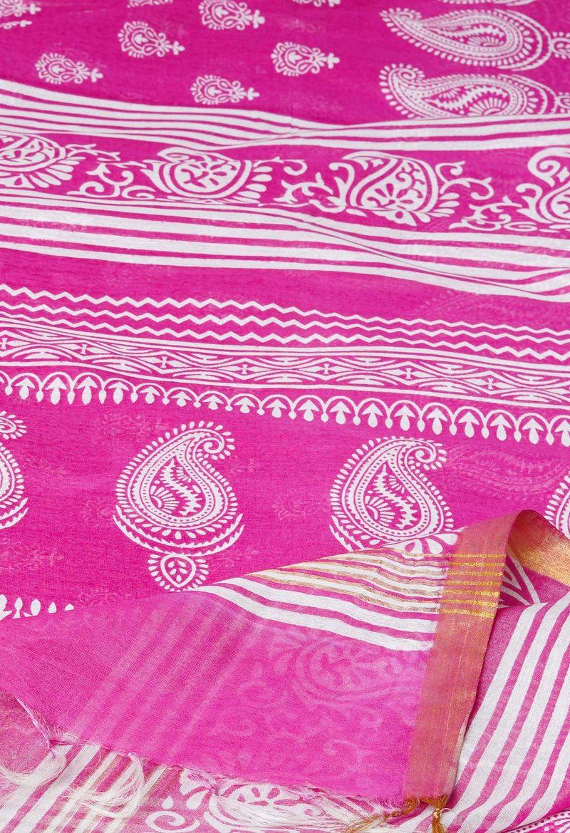 Pink  Block Printed Chanderi Cotton Silk Saree-UNM72894