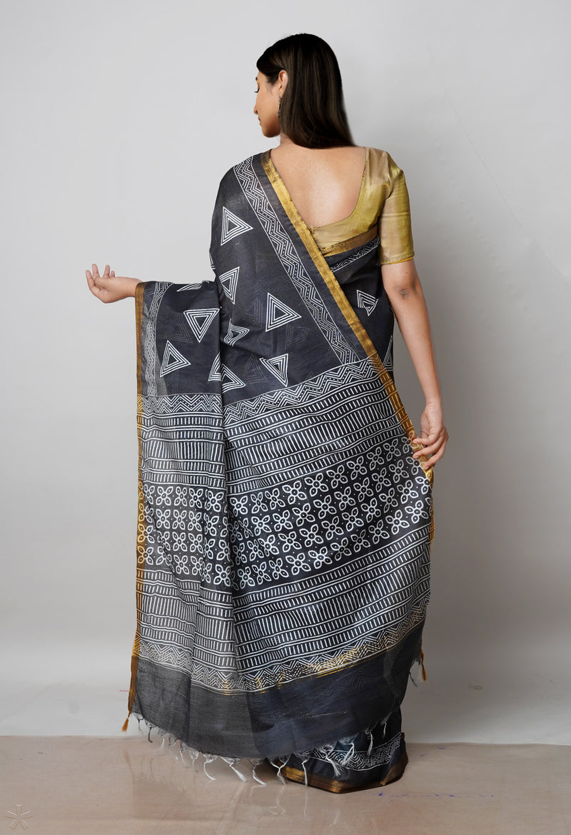 Black  Block Printed Chanderi Cotton Silk Saree-UNM72896
