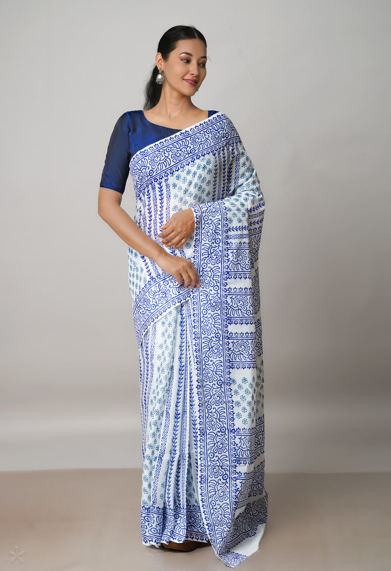 White Pure Block Printed  Superfine Mulmul Cotton Saree With Kalamkari Blouse Piece-UNM72907