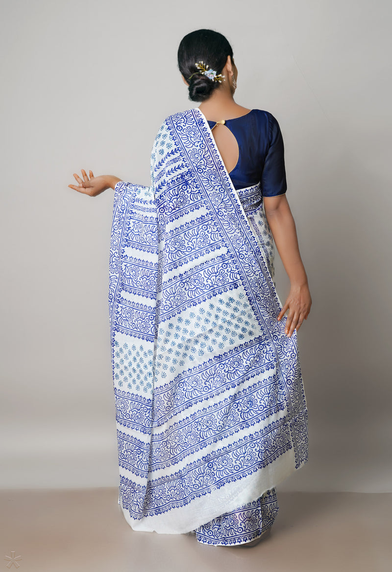 White Pure Block Printed  Superfine Mulmul Cotton Saree With Kalamkari Blouse Piece-UNM72907