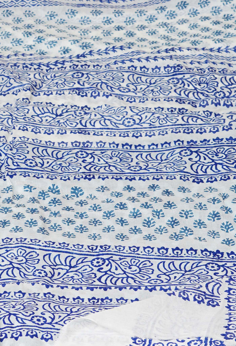 White Pure Block Printed  Superfine Mulmul Cotton Saree With Kalamkari Blouse Piece-UNM72907
