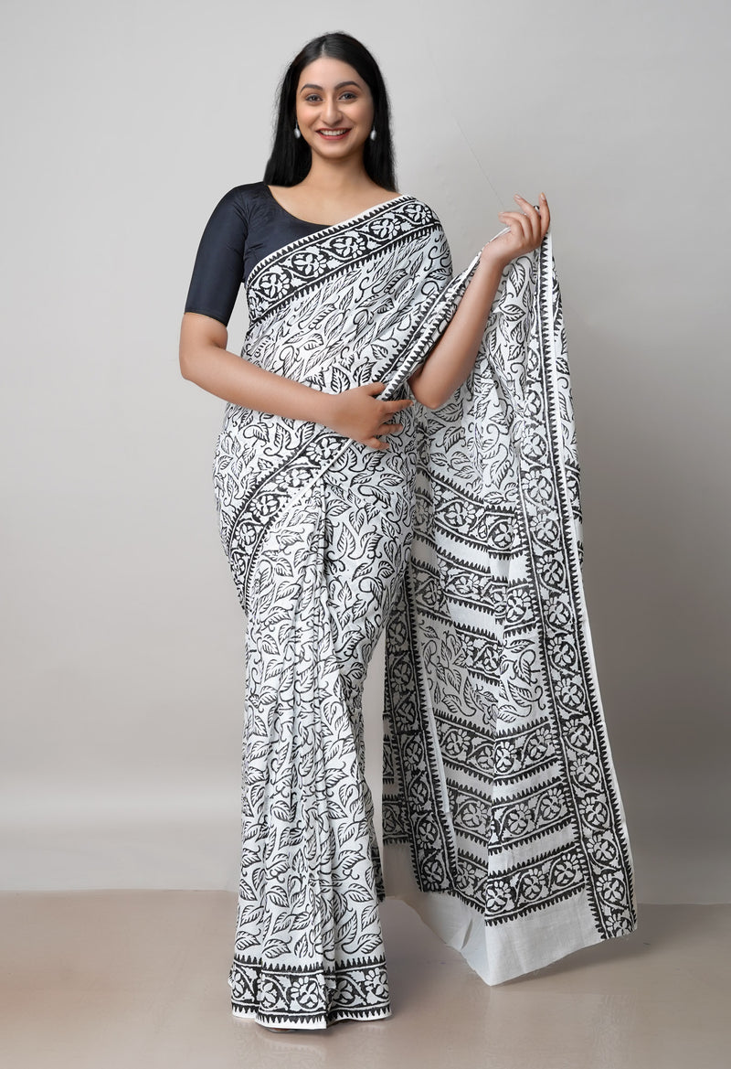 White Pure Block Printed  Superfine Mulmul Cotton Saree With Kalamkari Blouse Piece-UNM72910