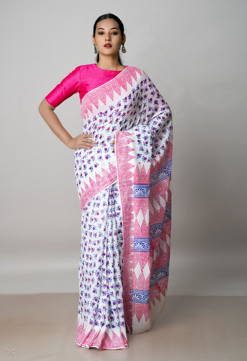 White Pure Block Printed  Superfine Mulmul Cotton Saree With Kalamkari Blouse Piece-UNM72913