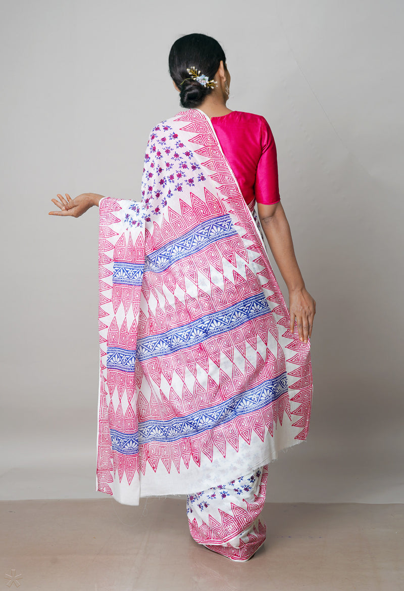 White Pure Block Printed  Superfine Mulmul Cotton Saree With Kalamkari Blouse Piece-UNM72913