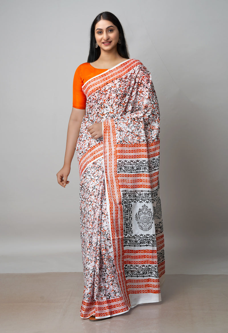 White Pure Block Printed  Superfine Mulmul Cotton Saree With Kalamkari Blouse Piece-UNM72914