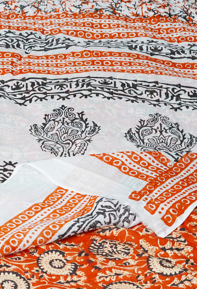 White Pure Block Printed  Superfine Mulmul Cotton Saree With Kalamkari Blouse Piece-UNM72914