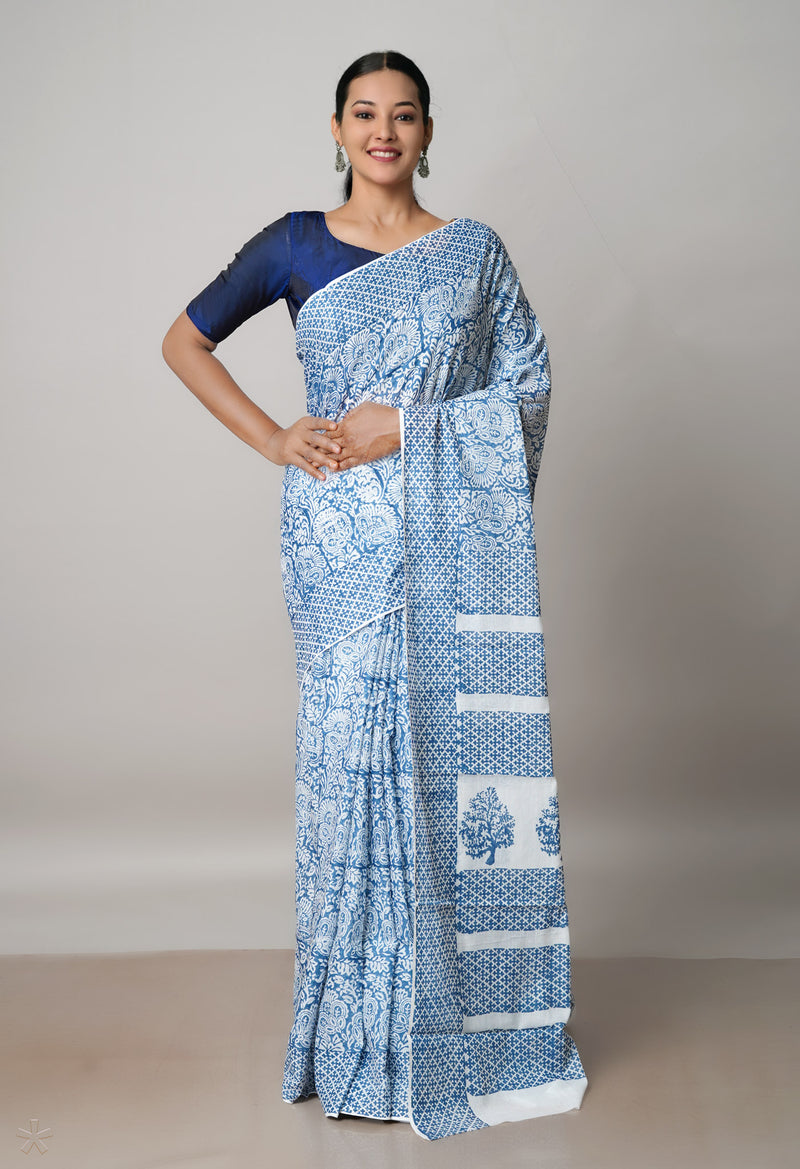 White Pure Block Printed  Superfine Mulmul Cotton Saree With Kalamkari Blouse Piece-UNM72915