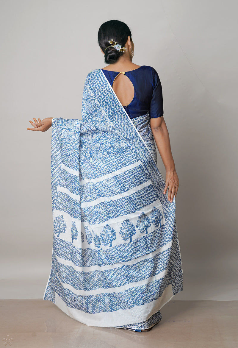 White Pure Block Printed  Superfine Mulmul Cotton Saree With Kalamkari Blouse Piece-UNM72915